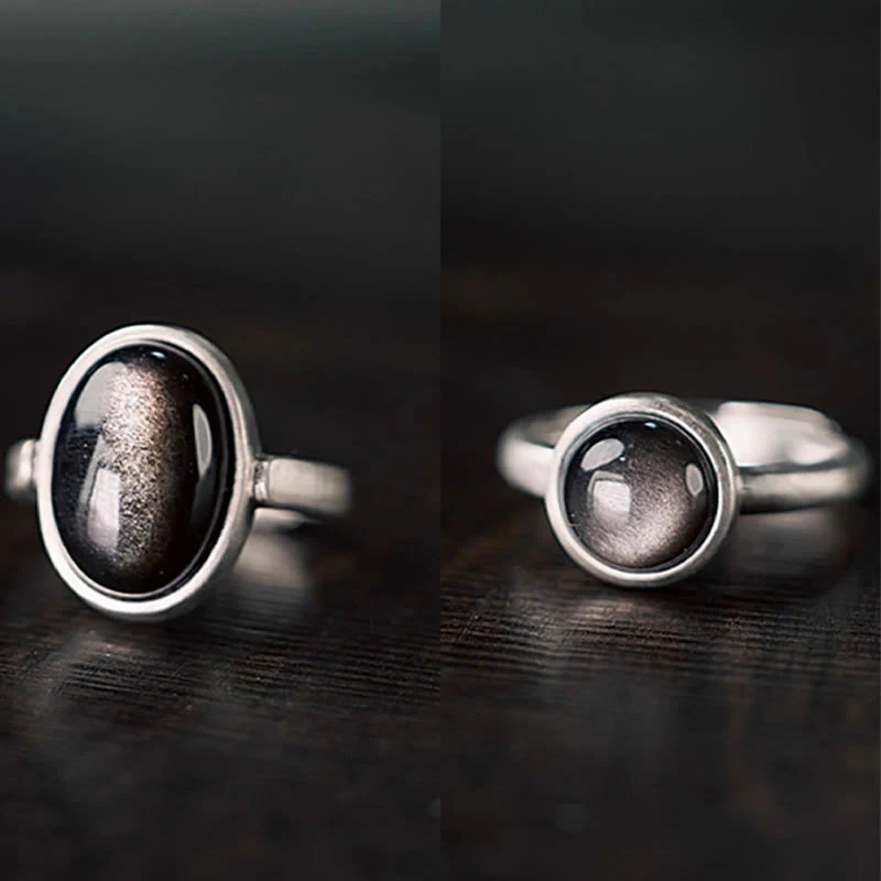 Buddha Stones Natural 925 Sterling Silver Silver Sheen Obsidian Adjustable Protection Ring