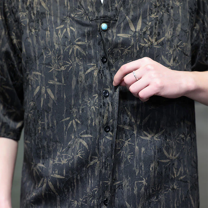 Buddha Stones Summer Golden Bamboo Jacquard Men's Half Sleeve Linen Shirt