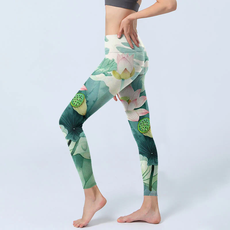 Buddha Stones Lotus Flowers Leaves Lotus Pods Pattern Print Gym Leggings Women's Yoga Pants