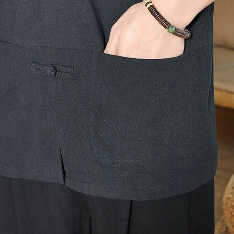 Buddha Stones Frog-Button Chinese Tang Suit Three Quarter Sleeve Cotton Linen Men's Shirt