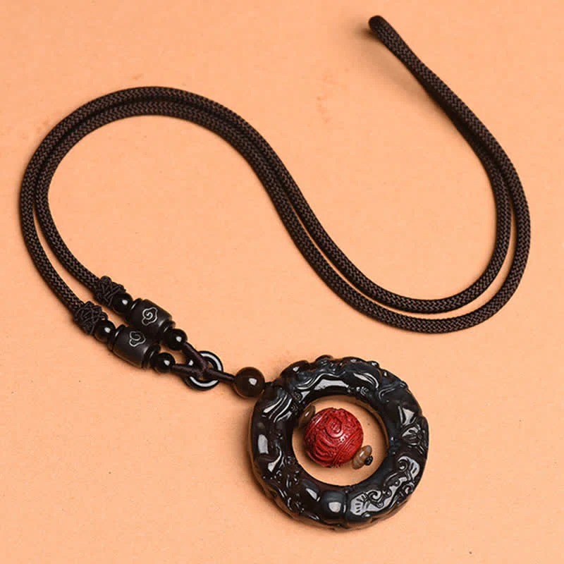 Buddha Stones FengShui Natural Rainbow Obsidian PiXiu Cinnabar Healing Necklace Pendant