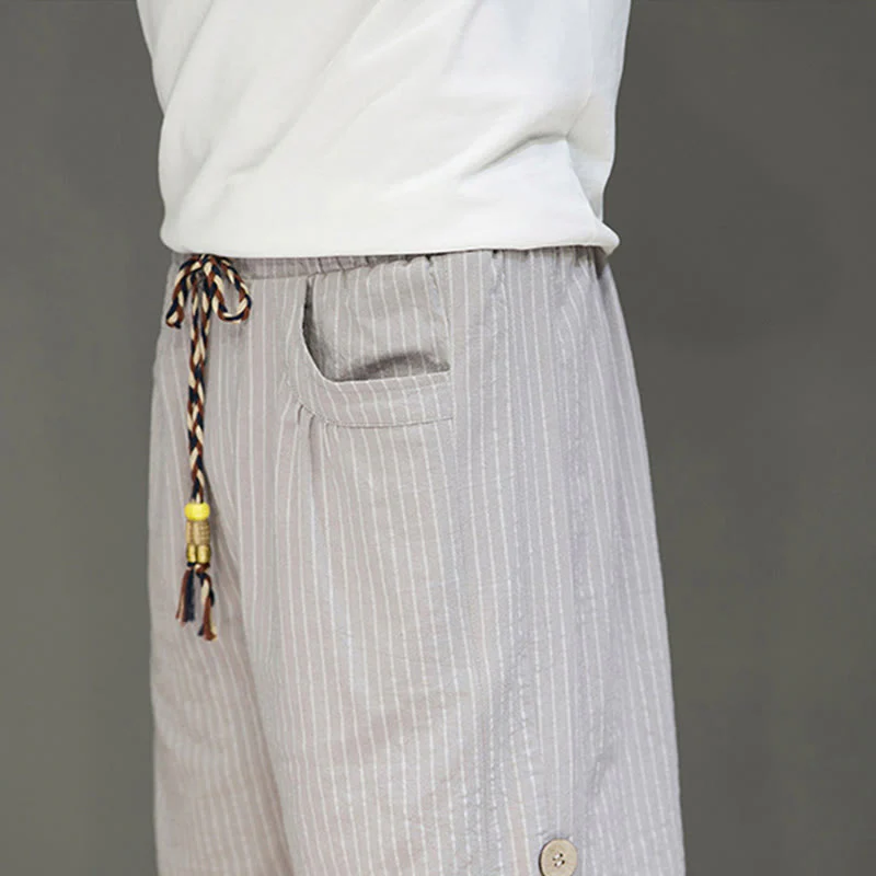 Buddha Stones Casual White Stripes Pattern Drawstring Button Design Men's Cotton Cropped Harem Pants With Pockets