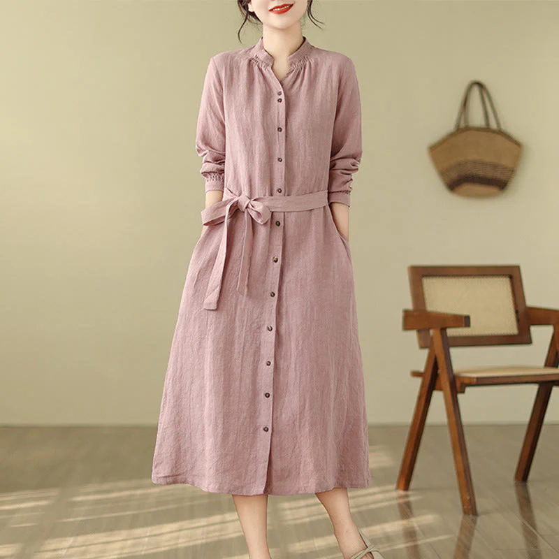 Buddha Stones Casual Plain Drawstring Button Cotton Linen Midi Dress With Pockets