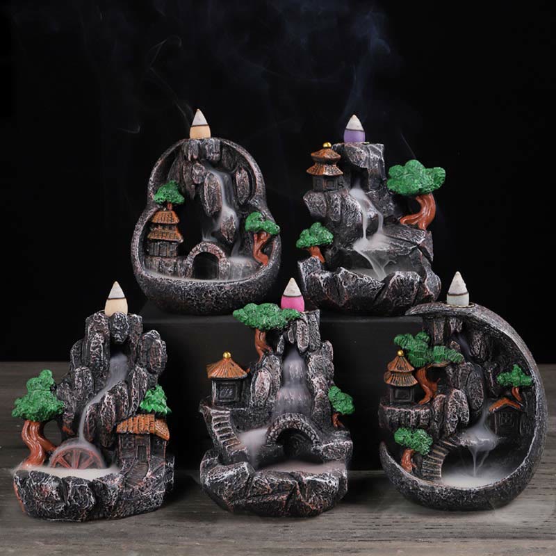 Buddha Stones Mountain Bridges Pattern Meditation Resin Backflow Incense Burner