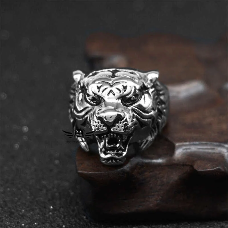 Buddha Stones Men's Animal Tiger Head Titanium Steel Balance Calm Punk Rock Biker Ring