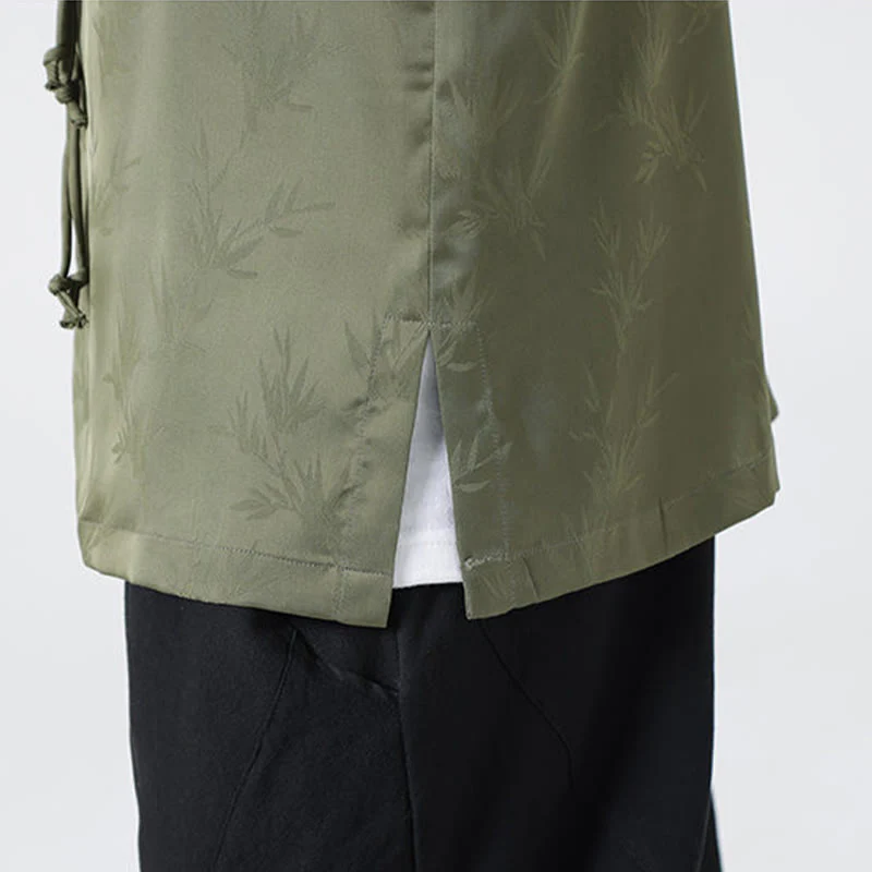 Buddha Stones Spring Jacquard Bamboo Leaves Pattern Chinese Frog-Button Design Men's Long Sleeve Shirt