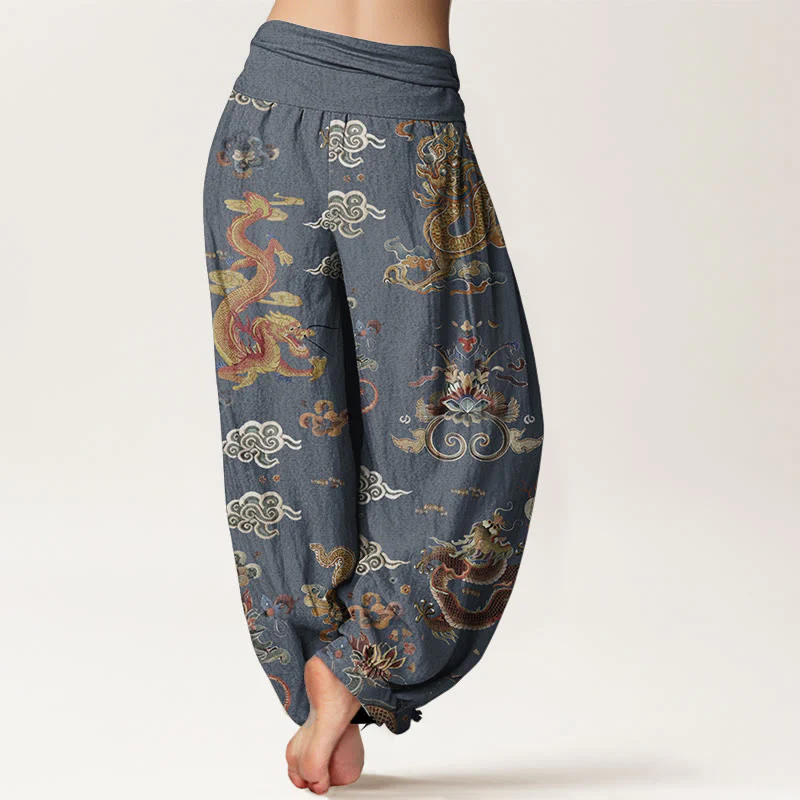 Buddha Stones Pure Cotton Golden Dragons Auspicious Clouds Design Women's Elastic Waist Harem Pants