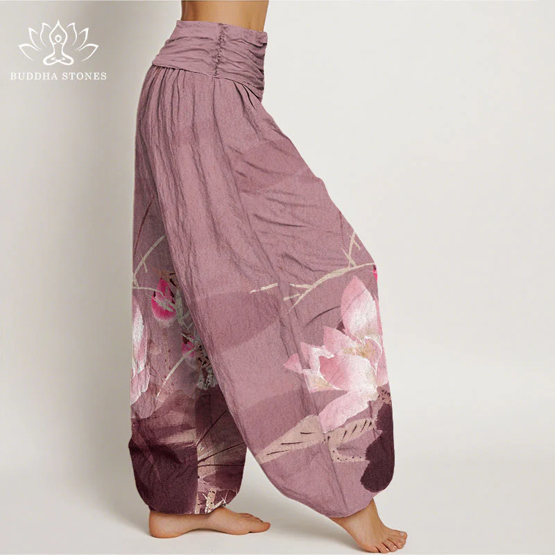 Buddha Stones Pink Lotus Leaves Bird Pattern Women's Elastic Waist Harem Pants