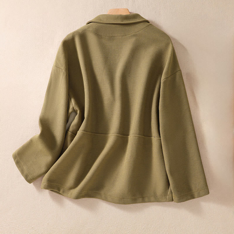 Buddha Stones Plain Lapel Women's Cotton Jacket With Pockets