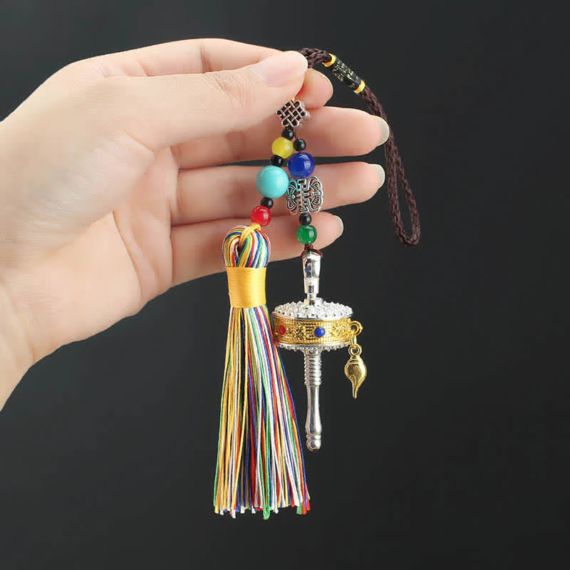 Buddha Stones Tibet Om Mani Padme Hum Prayer Wheel Tassel Bag Car Hanging Decoration