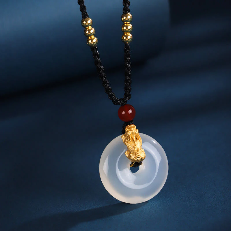 Buddha Stones  Black Onyx White Agate Peace Buckle 999 Sterling Silver Gold PiXiu Fortune Necklace Pendant
