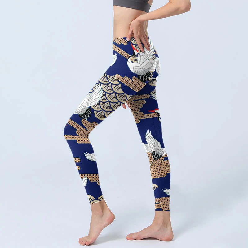Buddha Stones Red-crowned Cranes Fan-shaped Auspicious Clouds Print Gym Leggings Women's Yoga Pants