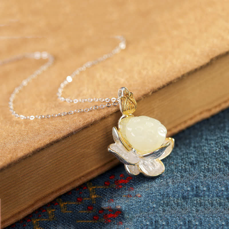 Buddha Stones White Jade Lotus Flower Happiness Necklace