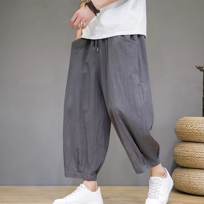 Buddha Stones Simple Cotton Men's Cropped Capri Harem Pants With Pockets