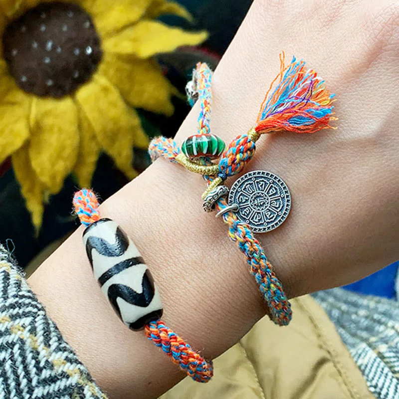 Buddha Stones Tibetan 925 Sterling Silver Om Mani Padme Hum Handmade Dzi Bead Protection Braid Bracelet