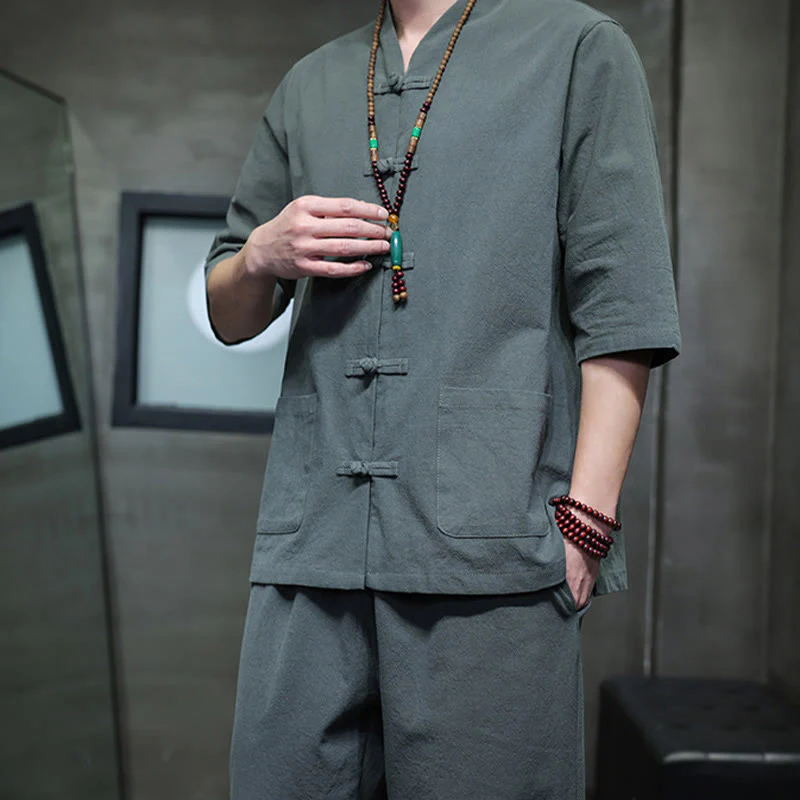 Buddha Stones 2Pcs Tang Suit Frog-Button Design Shirt Pants With Pockets Men's Cotton Linen Meditation Cloth Set