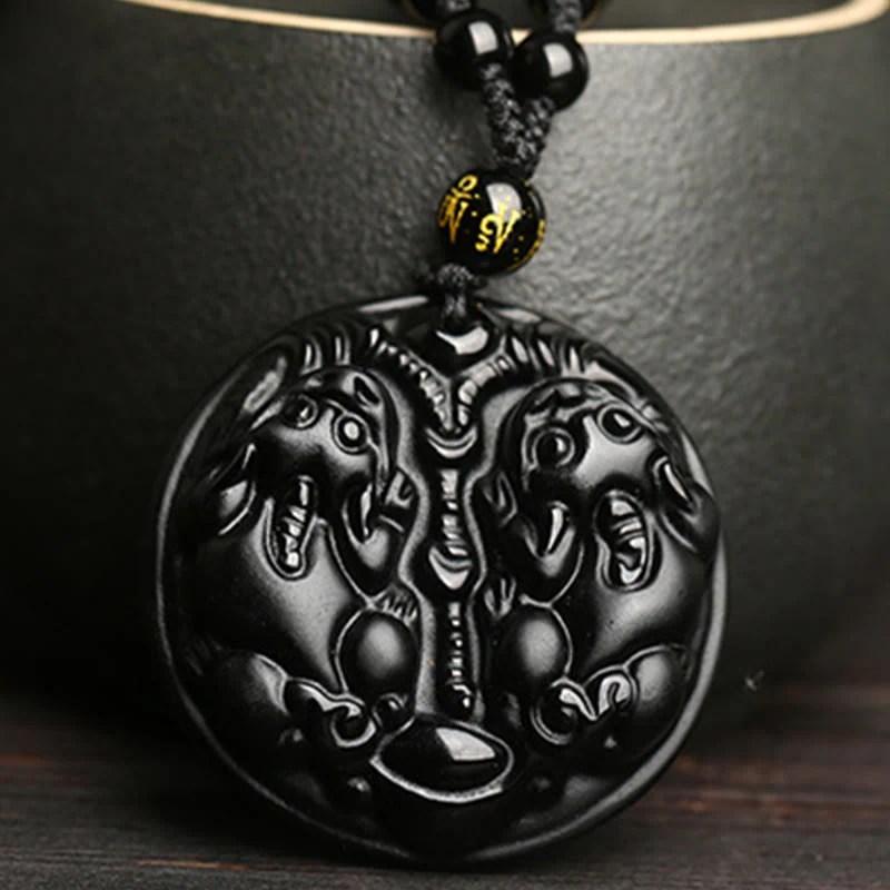 Buddha Stones Black Obsidian Double Pixiu Bead Rope Purification Necklace Pendant