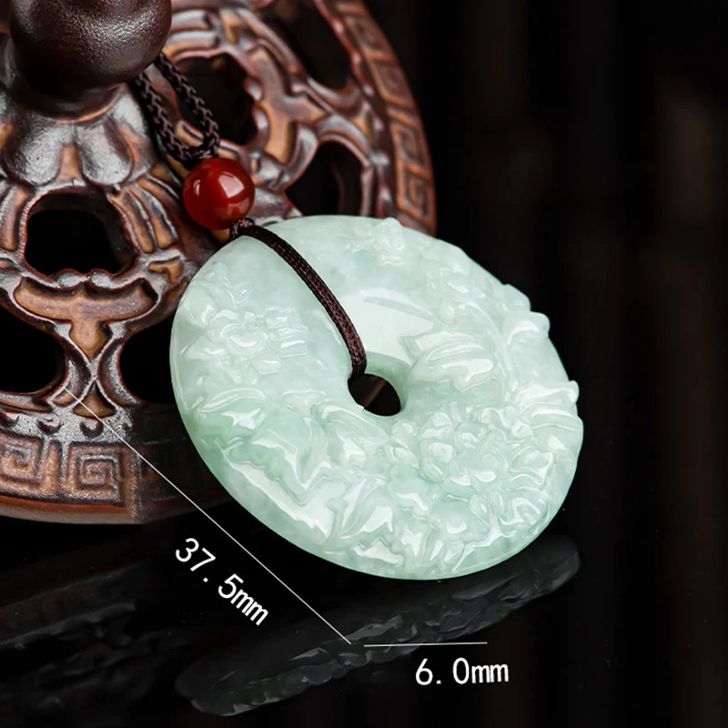 Buddha Stones Round Jade Peace Buckle Peony Flower Abundance Necklace Pendant