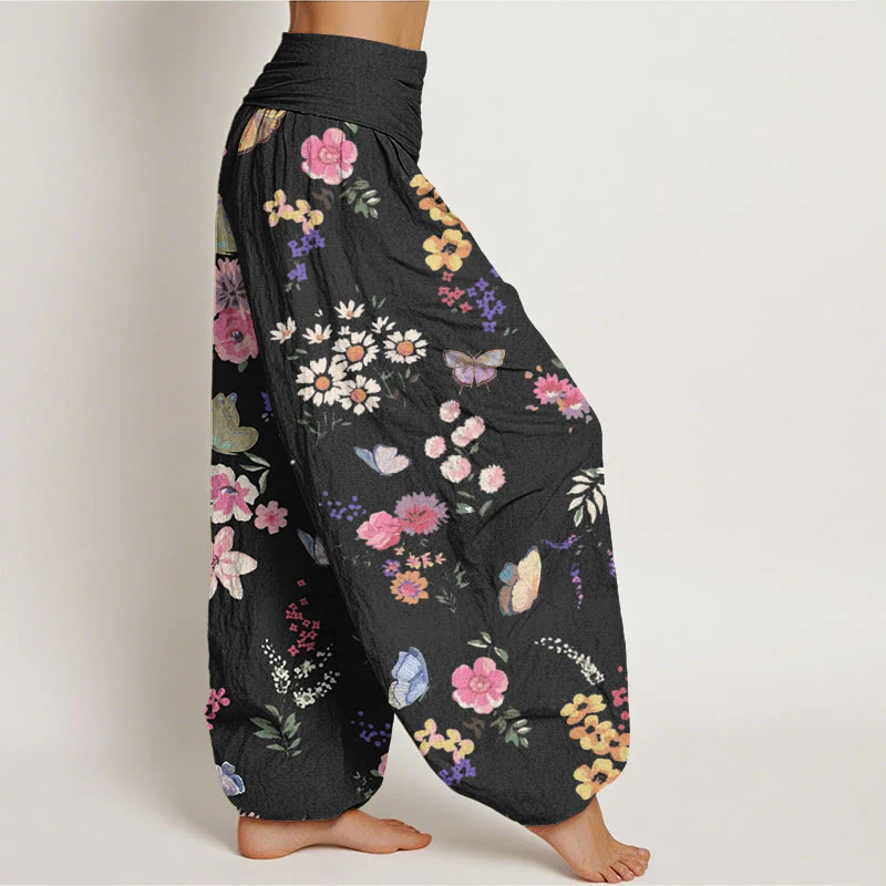Buddha Stones Casual Colorful Flowers Butterfly Pattern Women's Elastic Waist Harem Pants