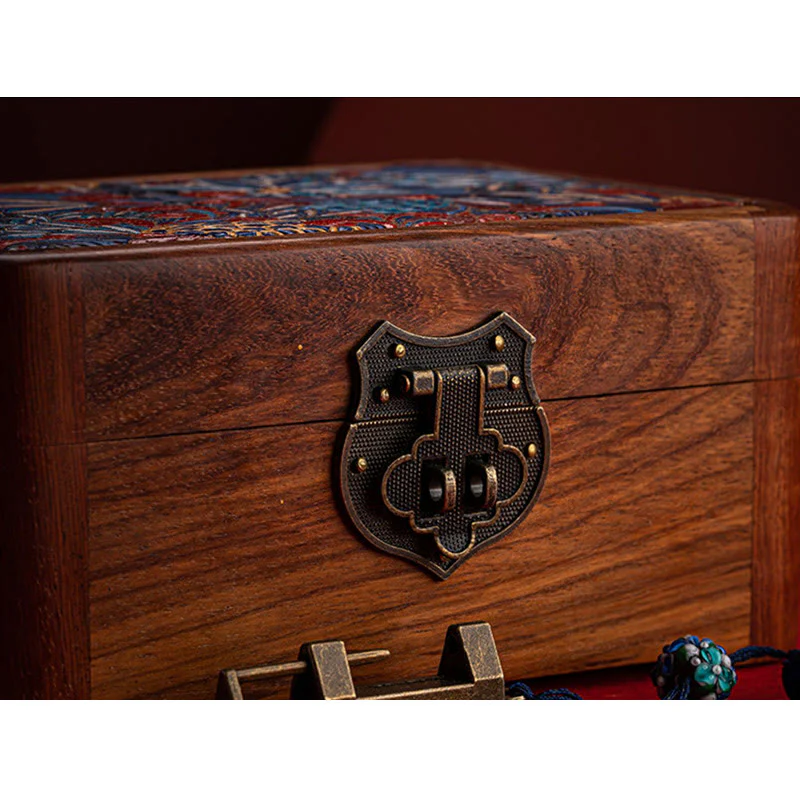 Buddha Stones Retro Handmade Floral Pattern Rosewood Jewelry Storage Box Lockable Wooden Gift Organizer Box
