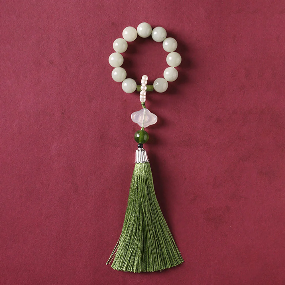 Buddha Stones Green Jade Beads Pearl Prosperity Tassels Wrist Mala