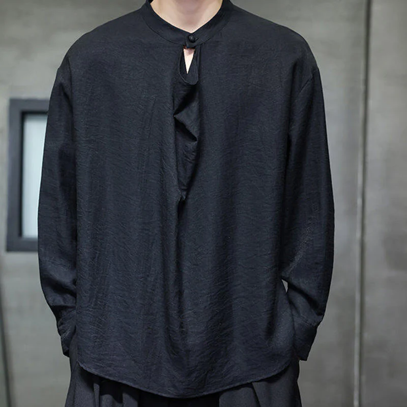 Buddha Stones Spring Solid Color Pleated Stand Collar Design Tang Suit Men's Long Sleeve Linen Shirt