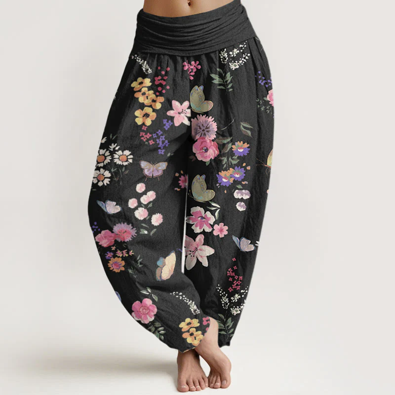 Buddha Stones Casual Colorful Flowers Butterfly Pattern Women's Elastic Waist Harem Pants