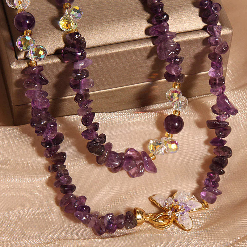 Buddha Stones Butterfly Flower Amethyst Strawberry Quartz Balance Necklace Pendant