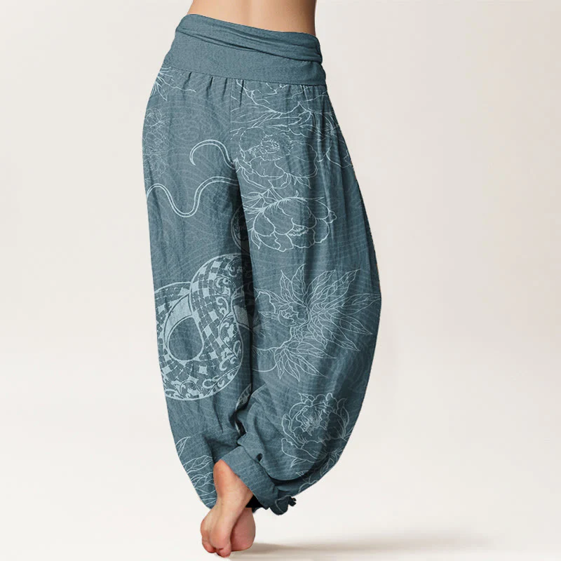 Buddha Stones Pure Cotton Snake Lotus Women's Elastic Waist Harem Pants
