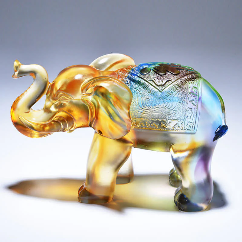 Buddha Stones Handmade Liuli Crystal Elephant Art Piece Wisdom Wealth Home Decoration