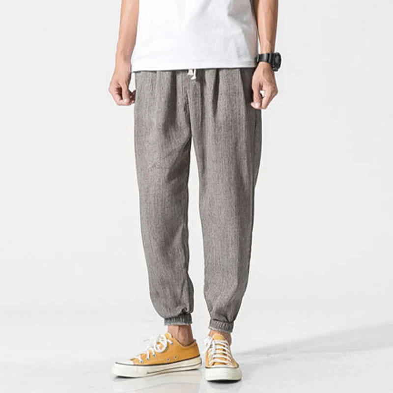 Buddha Stones Simple Drawstring Design Linen Men's Pants With Pockets