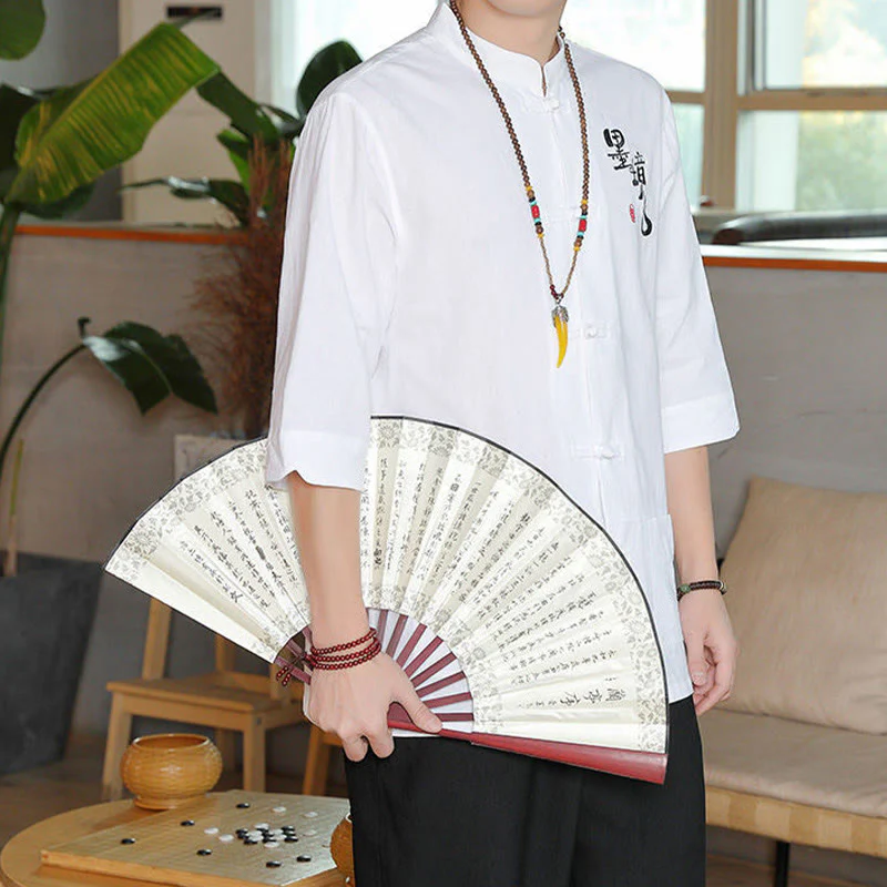 Buddha Stones Frog-Button Chinese Tang Suit Three Quarter Sleeve Cotton Linen Men's Shirt