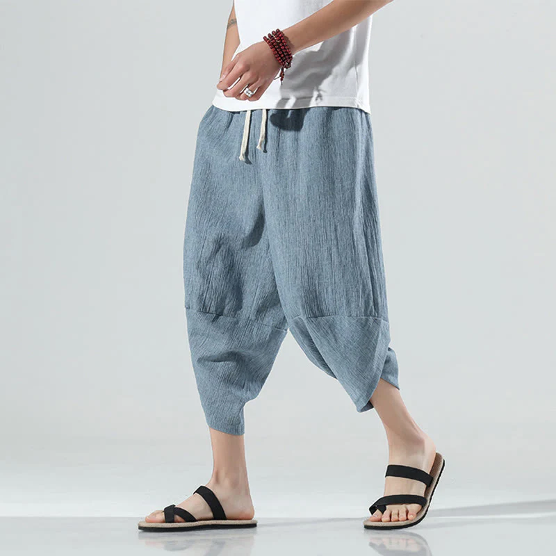 Buddha Stones Plain Simple Design Drawstring 7-8 Length Linen Men's Harem Pants With Pockets