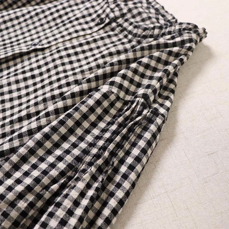 Buddha Stones Casual Plaid Simple Buttons Ruffled Design Cotton Linen Midi Dress With Pockets