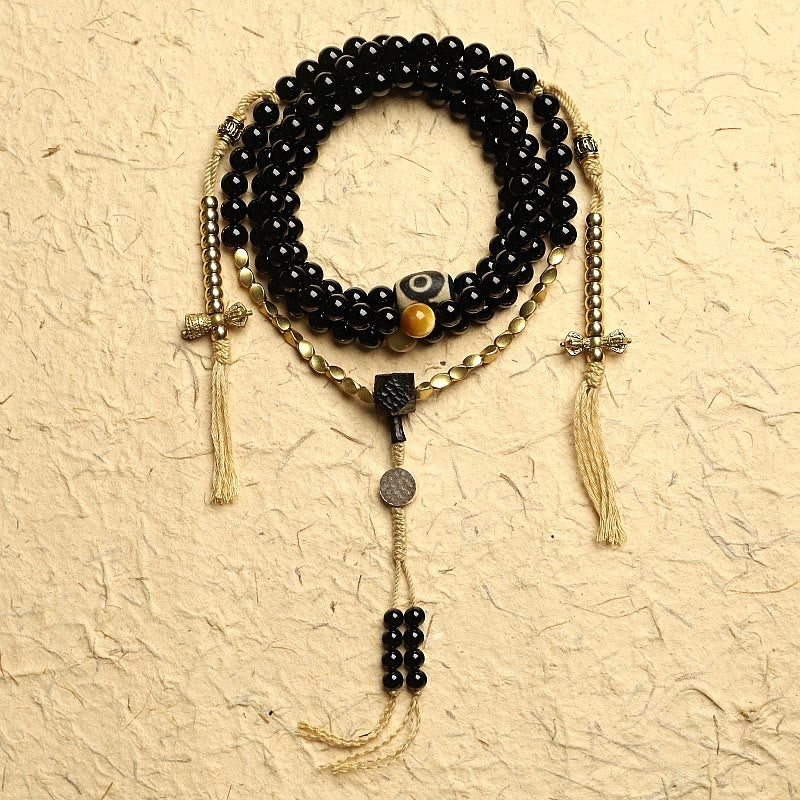 Buddha Stones Tibetan 108 Mala Beads Black Onyx Three-eyed Dzi Beads Protection Bracelet
