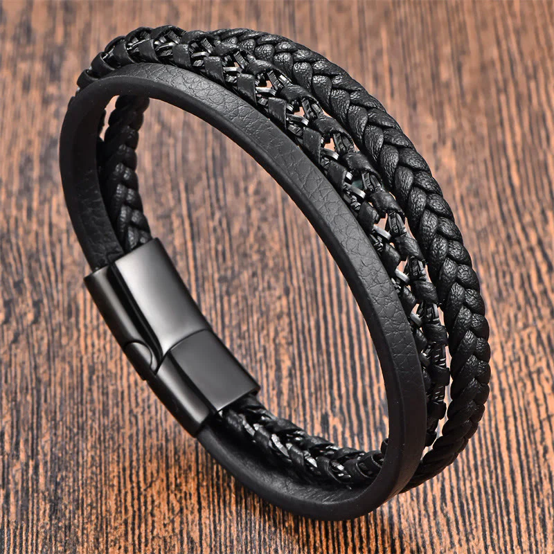 Buddha Stones Braided Design Titanium Steel Calm Multi-layer Leather Buckle Bracelet