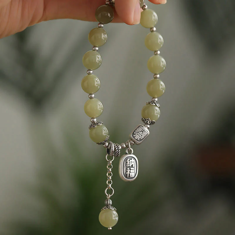 Buddha Stones 925 Sterling Silver Hetian Jade Beads Luck Bracelet