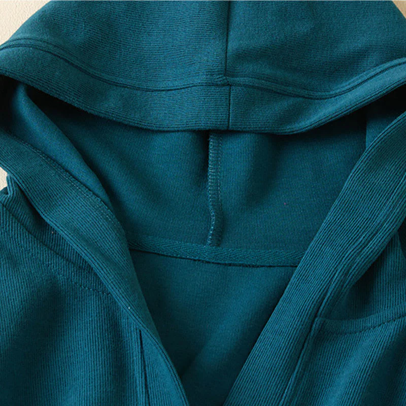 Buddha Stones Plain Buttons Women's Cotton Hooded Jacket With Pockets