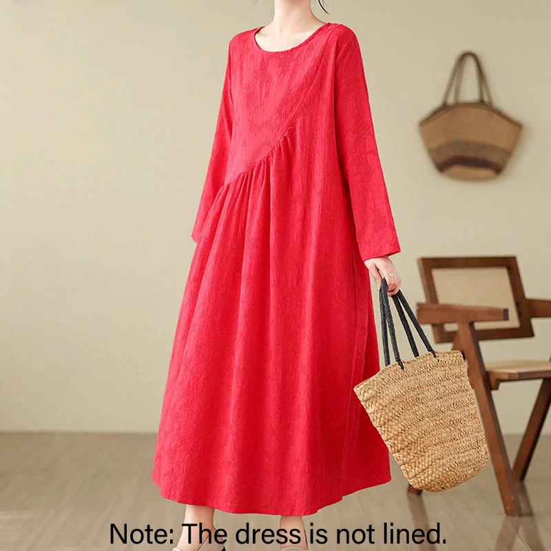 Buddha Stones Plain Jacquard Flower Irregular Design Cotton Linen Midi Dress With Pockets