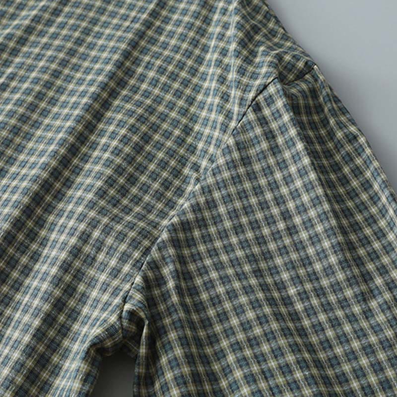 Buddha Stones Casual Plaid Buttons Lantern Long Sleeve Cotton Midi Dress