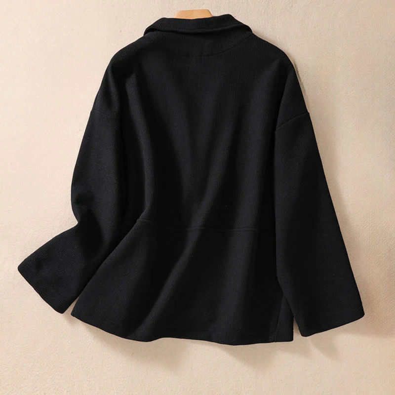 Buddha Stones Plain Lapel Women's Cotton Jacket With Pockets