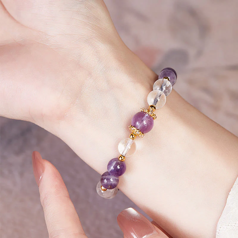 Buddha Stones 925 Sterling Silver Natural Amethyst White Crystal Balance Bracelet
