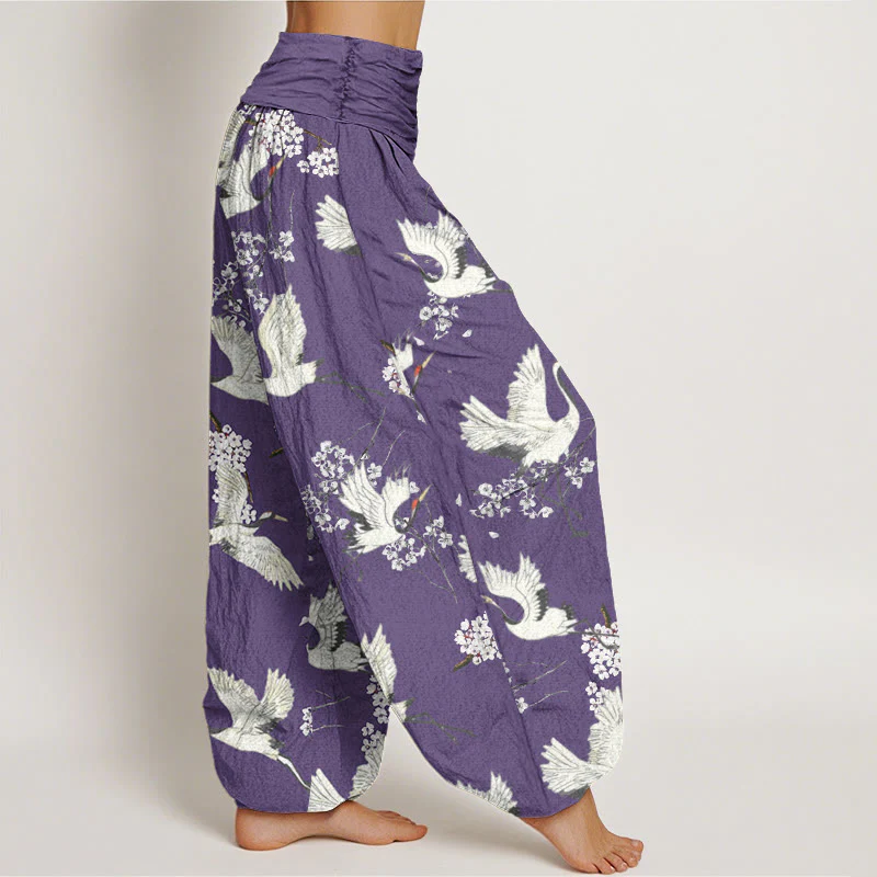 Buddha Stones Casual Elegant Crane Flower Pattern Women's Elastic Waist Harem Pants