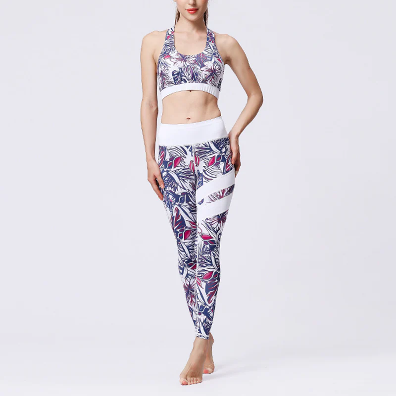 Buddha Stones 2Pcs Sunflower Flowers Leaves Print Top Pants Sports Fitness Yoga Women's Yoga Sets