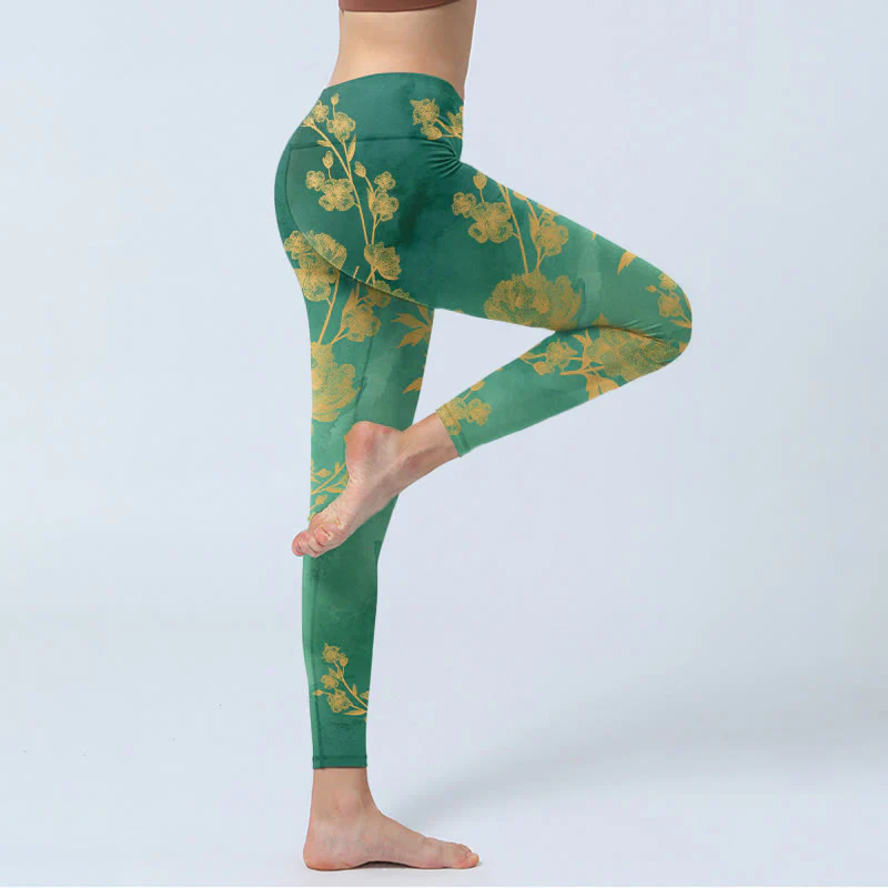 Buddha Stones Green Background Golden Branches Peony Flowers Pattern Print Gym Leggings Women's Yoga Pants
