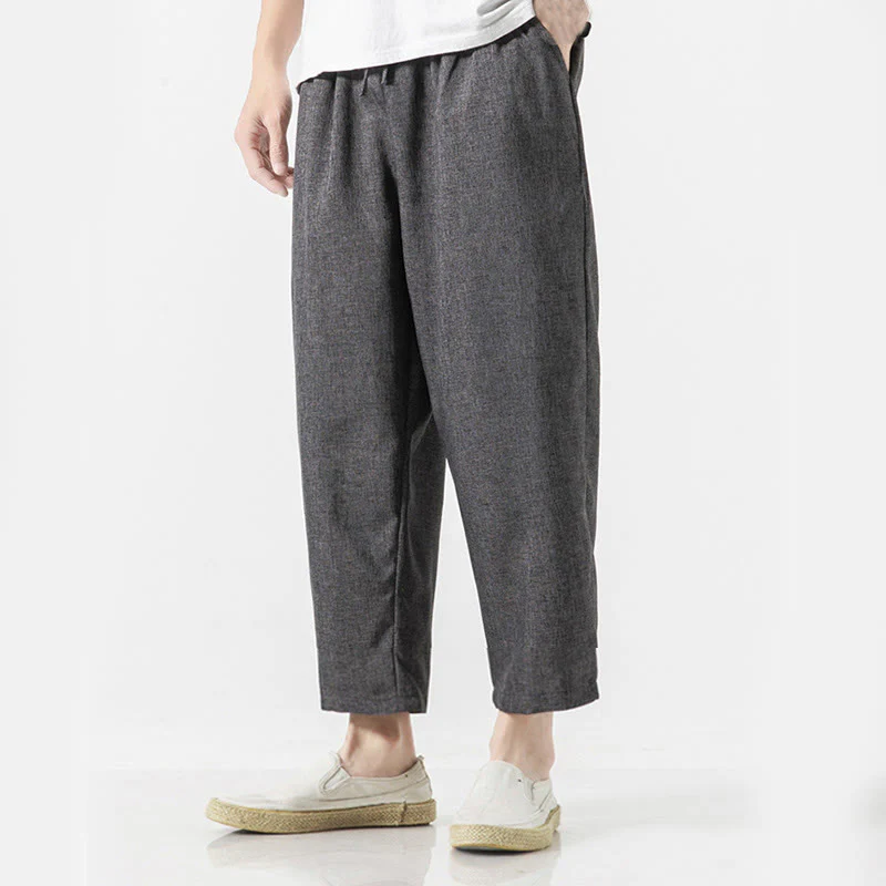 Buddha Stones Summer Plain Men's 7-8 Length Cotton Linen Pants With Pockets