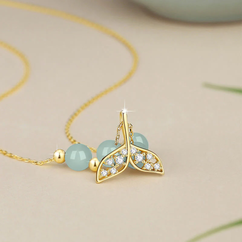 Buddha Stones 925 Sterling Silver Hetian Jade Bead Fishtail Luck Necklace Pendant