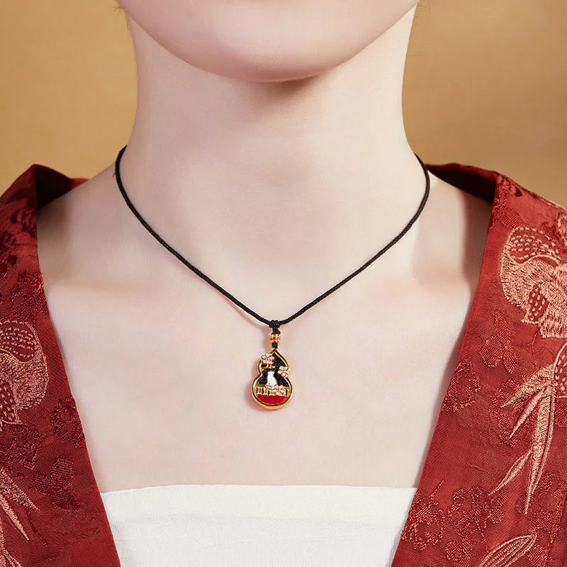 Buddha Stones 925 Sterling Silver Peach Blossom Cat Gourd Pattern Protection Necklace Pendant