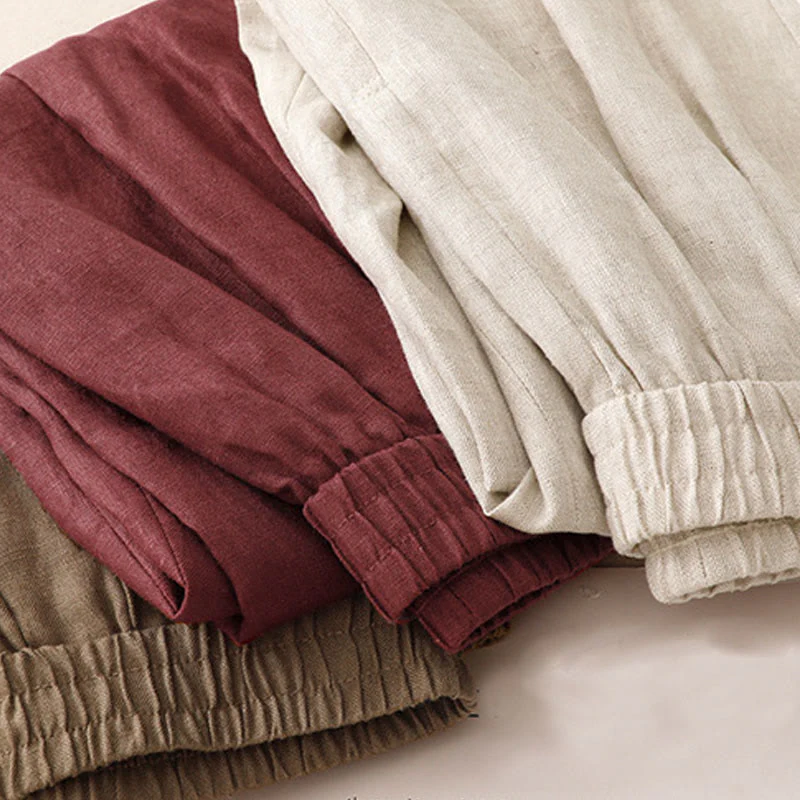 Buddha Stones Summer Plain Women's Cotton Linen Harem Pants With Pockets