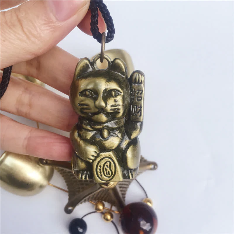 Buddha Stones Auspicious Wealth Cat Wall Hanging Chime Bell Copper Luck Handmade Home Decoration
